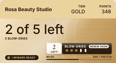 Tarjeta de un salón de belleza: nivel Gold, quedan 2 de 5 blow-dries.
